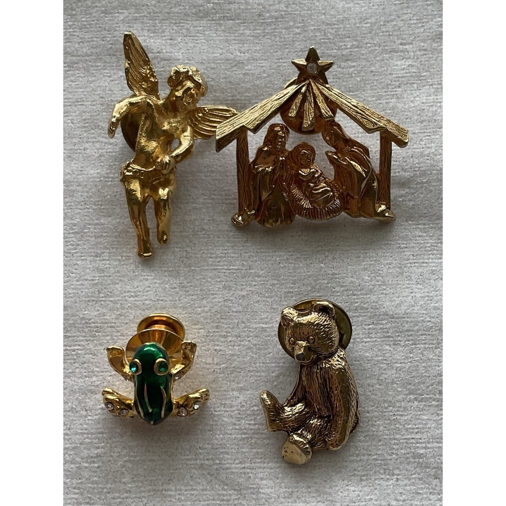 Vintage Lot Of 4 Lapel Pins Gold Tone Nativity Angel Cherub Teddy Bear Frog